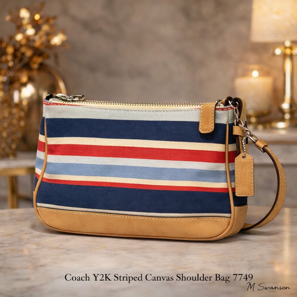 Coach Red White Blue Striped Canvas Shoulder Bag 7749 Vachetta Trim